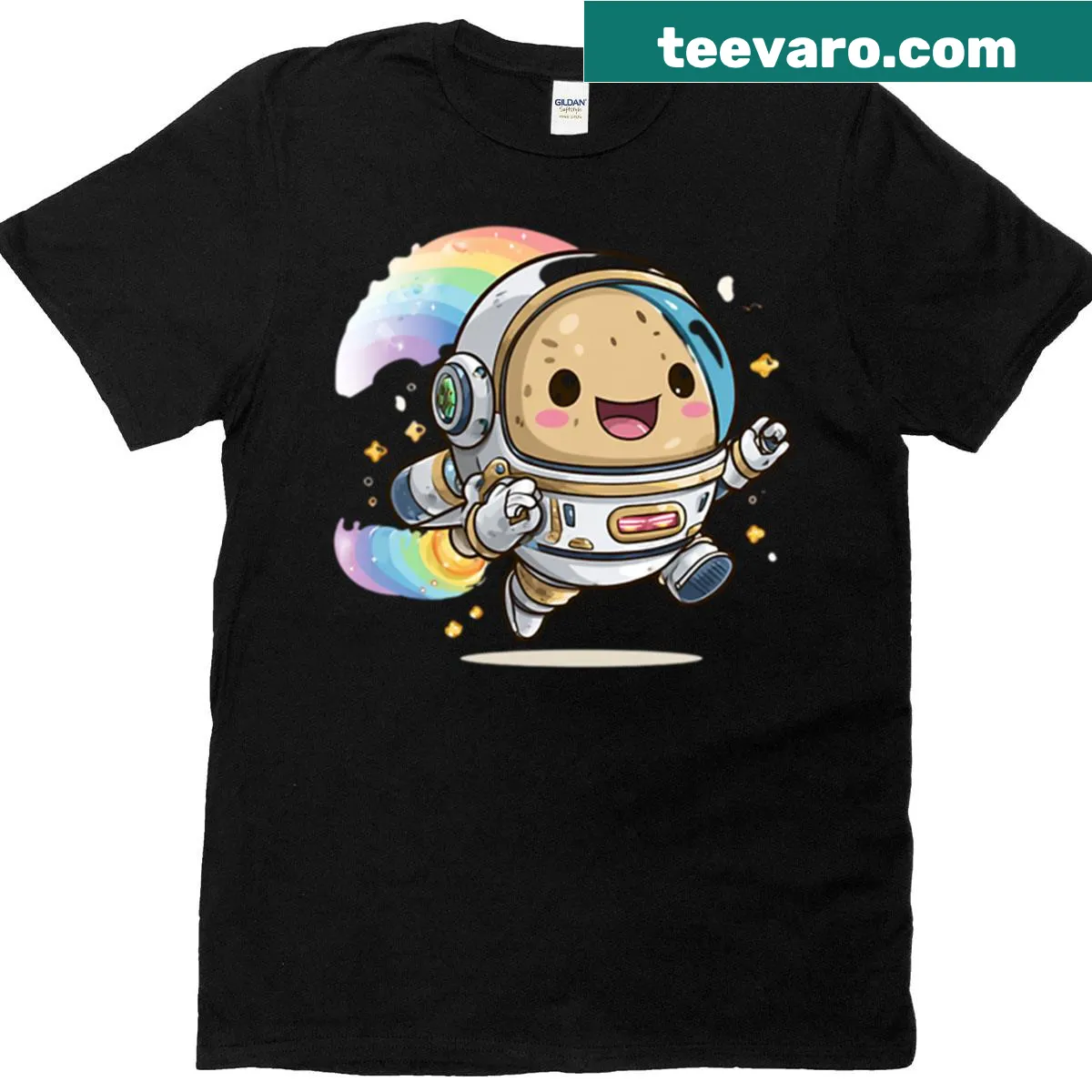 Kawaii potato astronaut with rainbow jetpack design on t-shirt — on a men's t-shirt