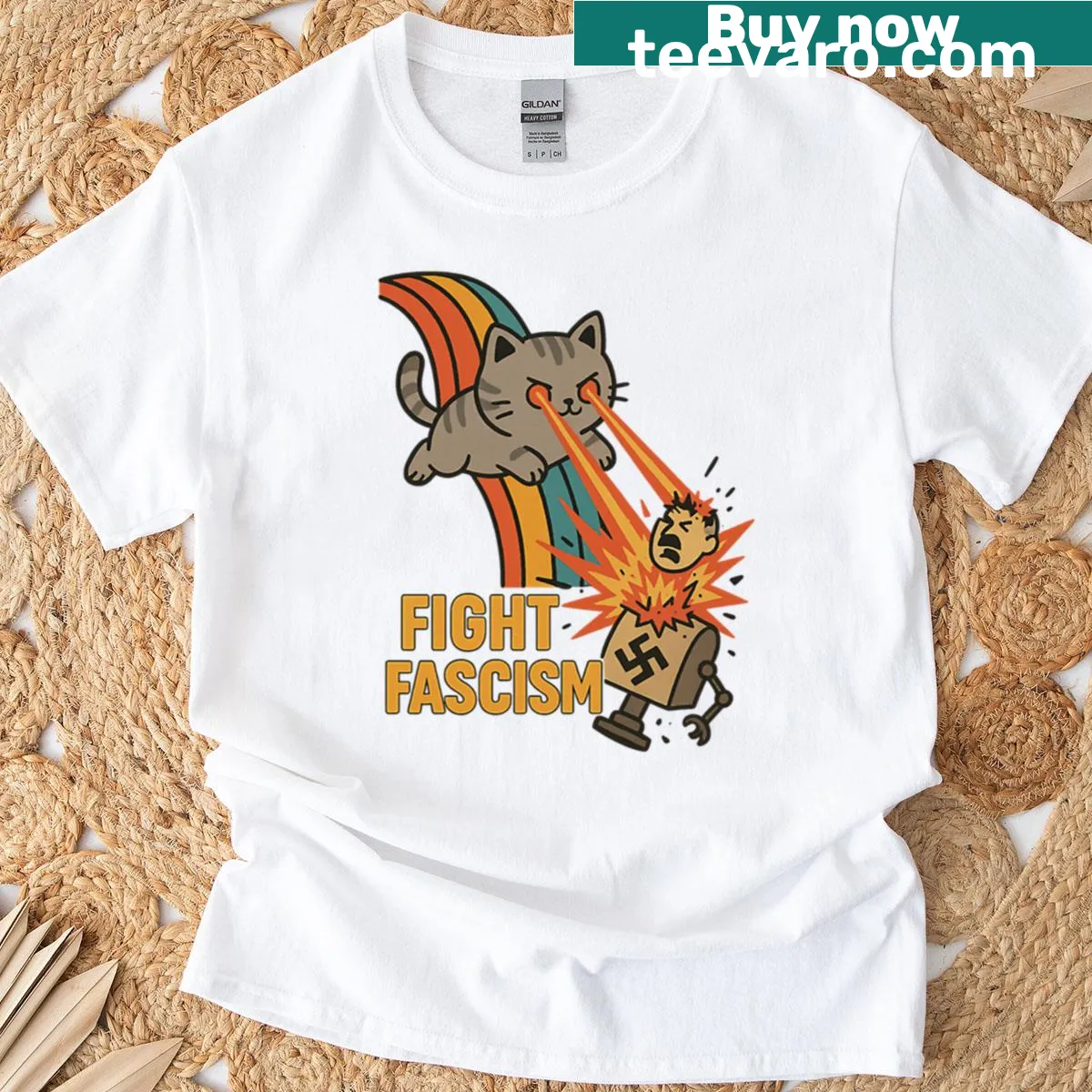 Illustration of a laser cat battling a fascist robot on a t-shirt — on a men's t-shirt