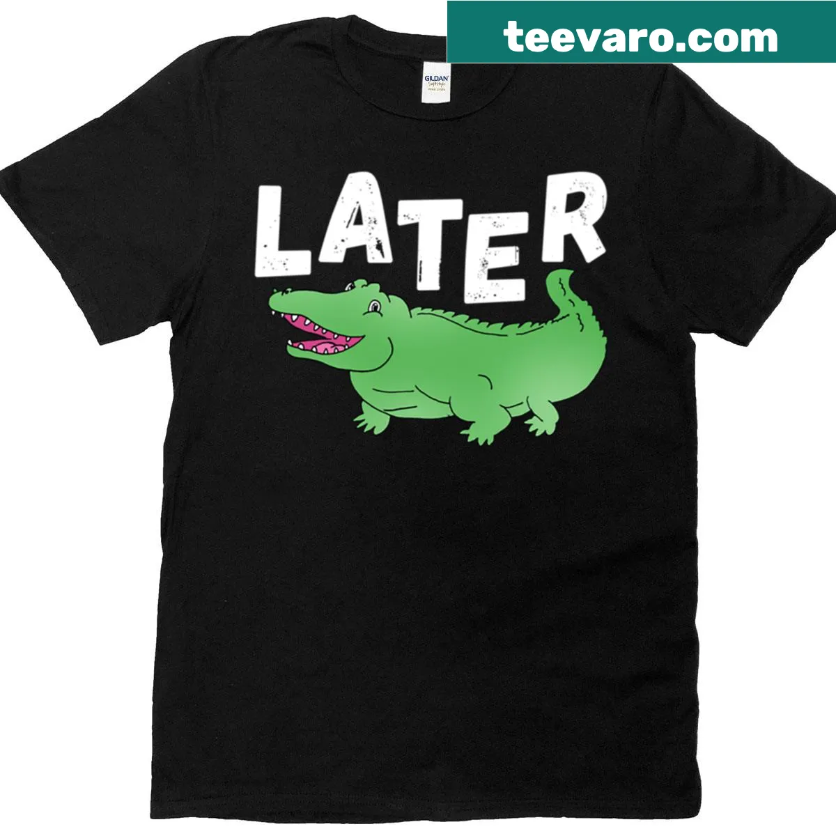 Funny T-shirt featuring an alligator illustration and pun text. — on a men's t-shirt