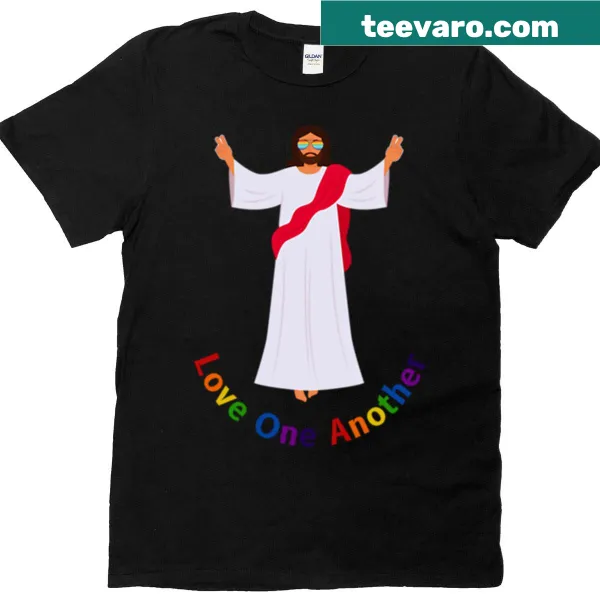 Rainbow text 'Jesus Love One Another' on T-shirt
