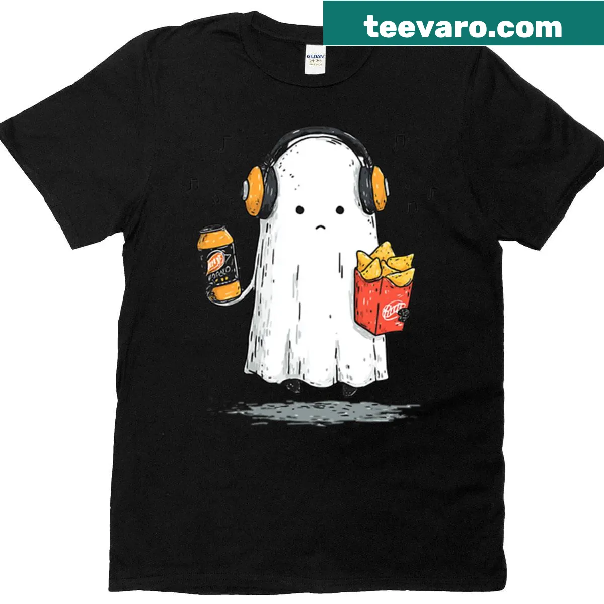 Charming ghost with snacks and headphones illustration on t-shirt — on a men's t-shirt