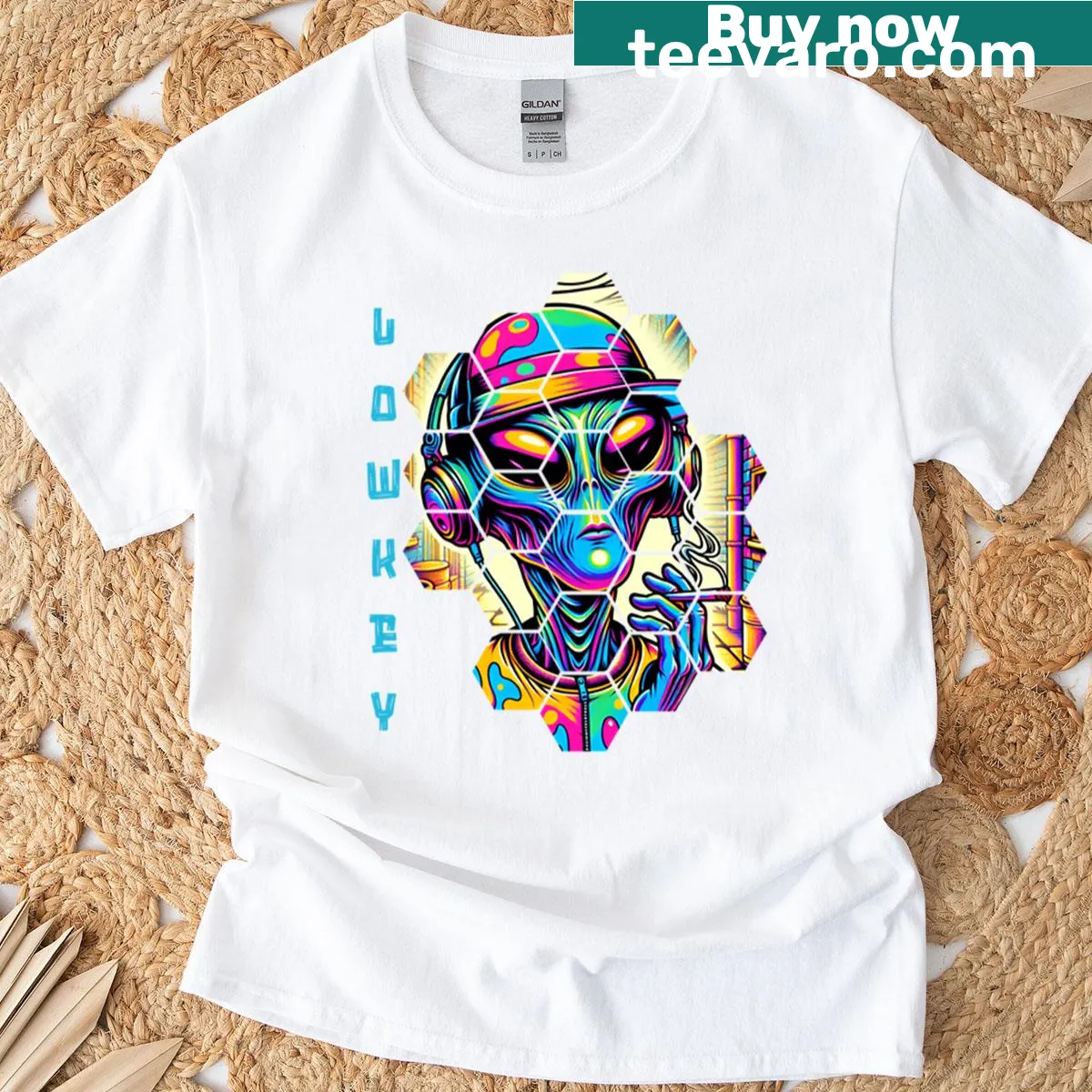 Cartoon alien design on a street art-inspired t-shirt — on a men's t-shirt