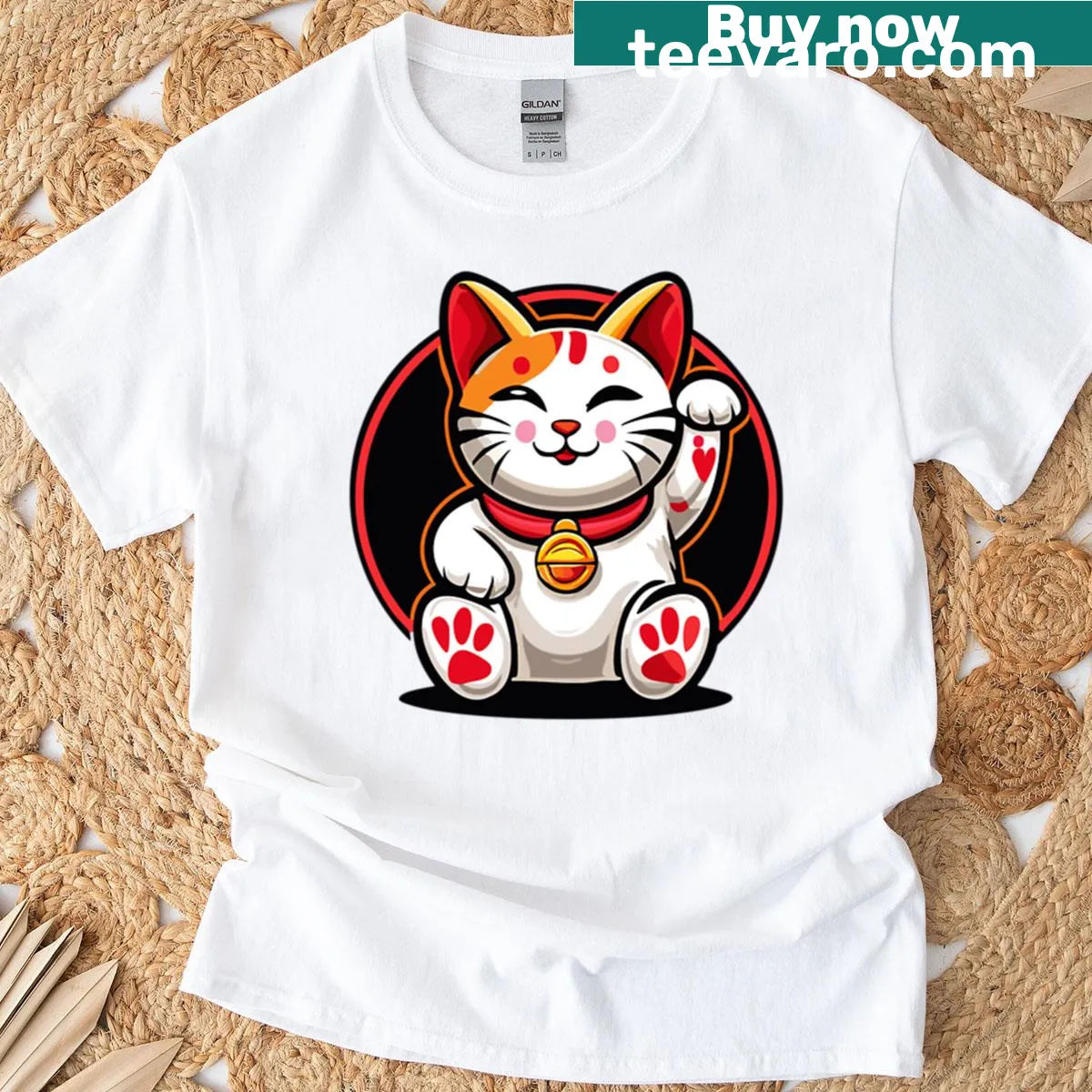Whimsical lucky cat graphic symbolizing prosperity — on a men's t-shirt