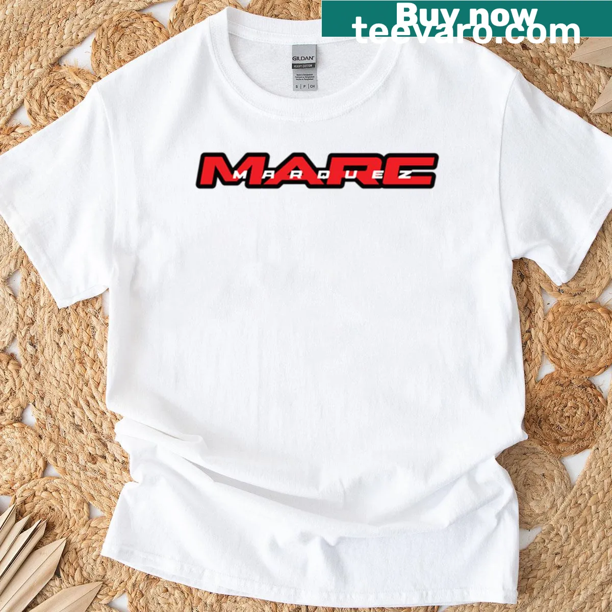 Marc Marquez 93 MotoGP name tag T-shirt with racing emblems — on a men's t-shirt