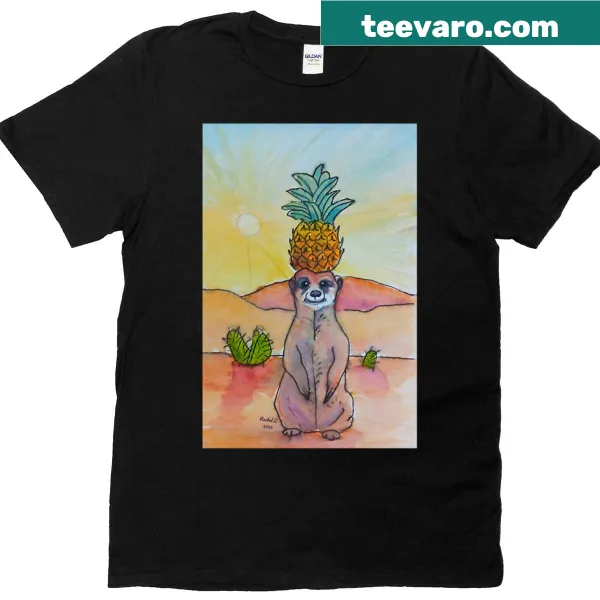 Playful meerkat holding a pineapple on a T-shirt.