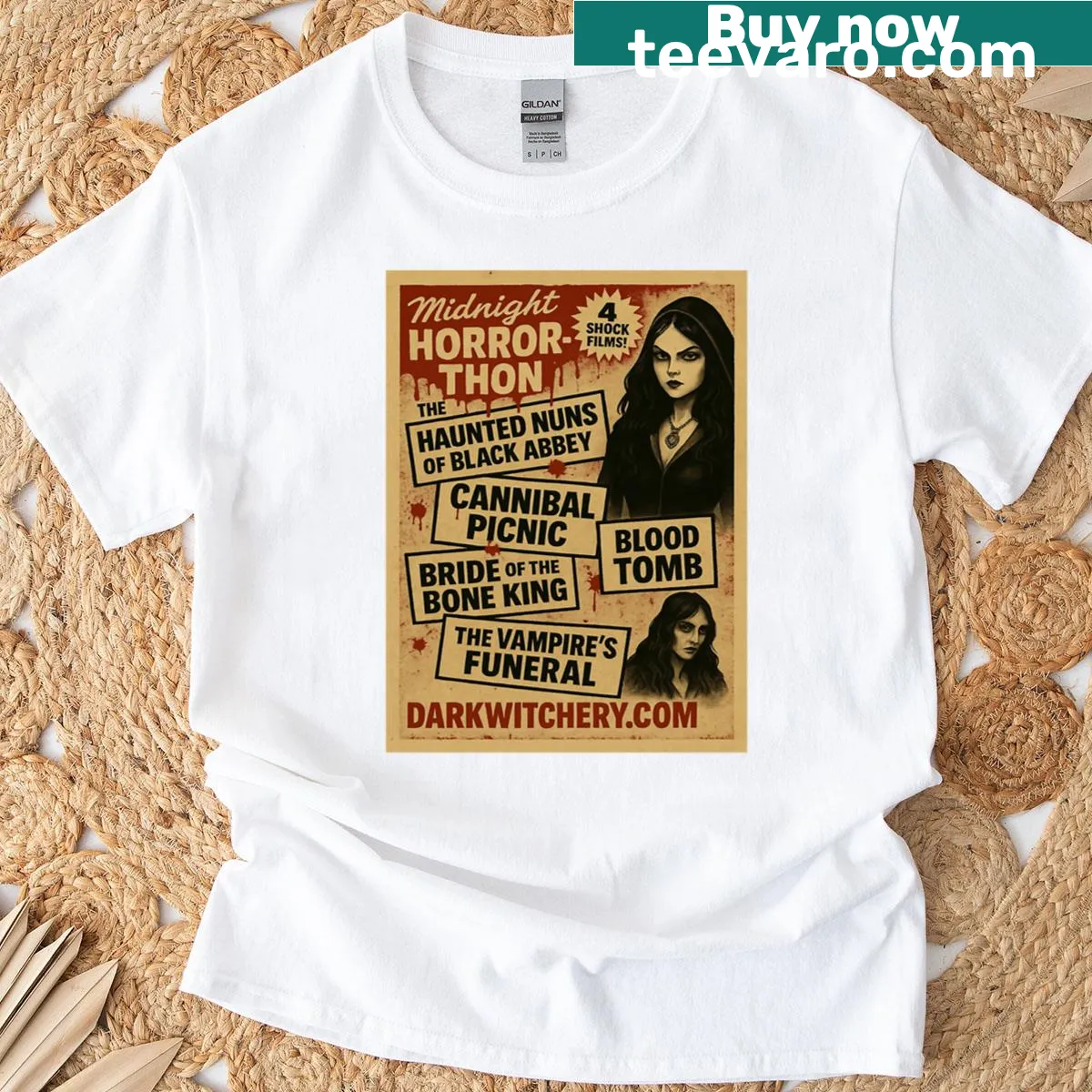 T-shirt featuring a retro horror movie poster design — on a men's t-shirt