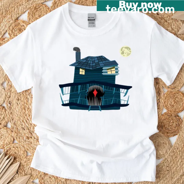 Whimsical illustration of a monster house at night with playful monsters