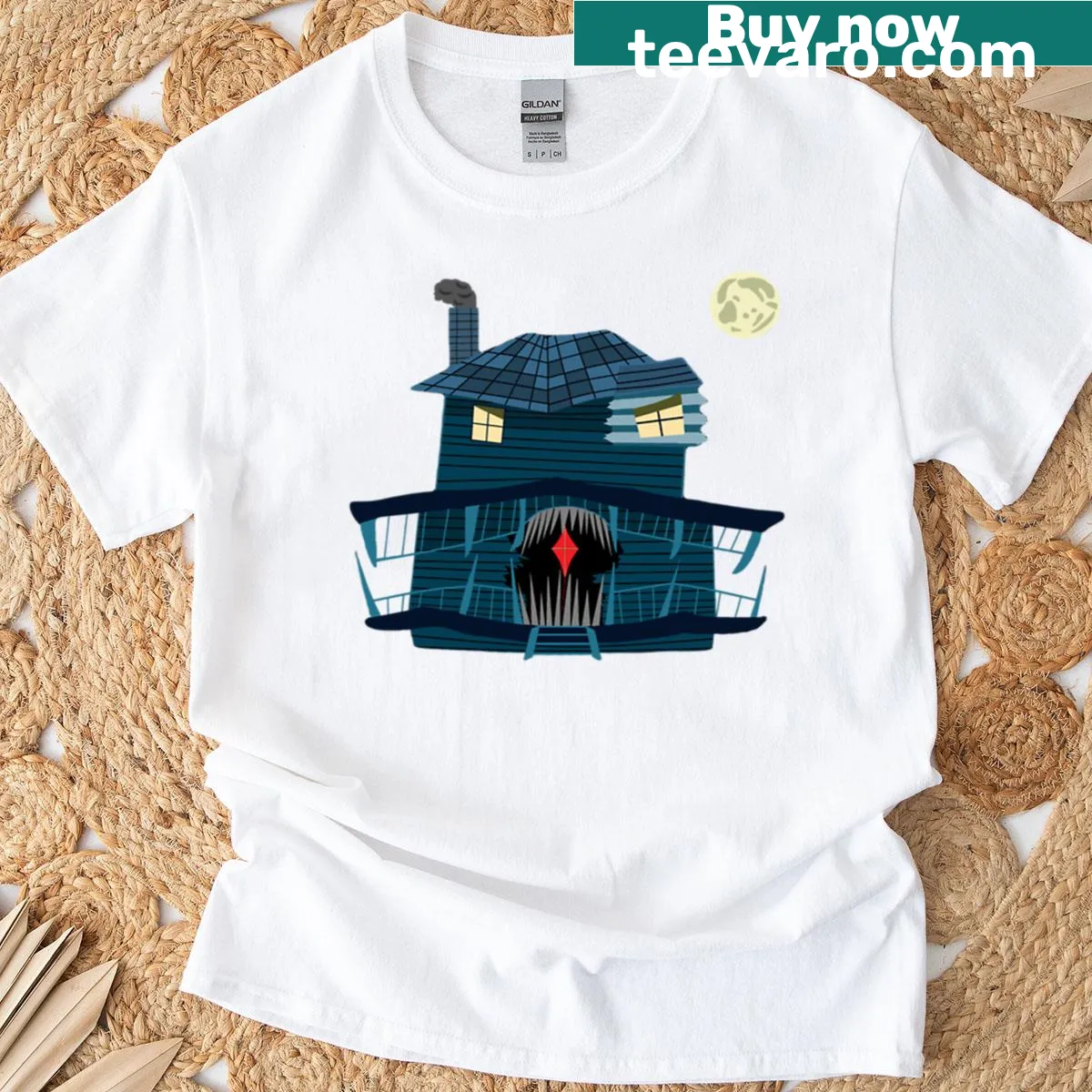 Whimsical illustration of a monster house at night with playful monsters — on a men's t-shirt