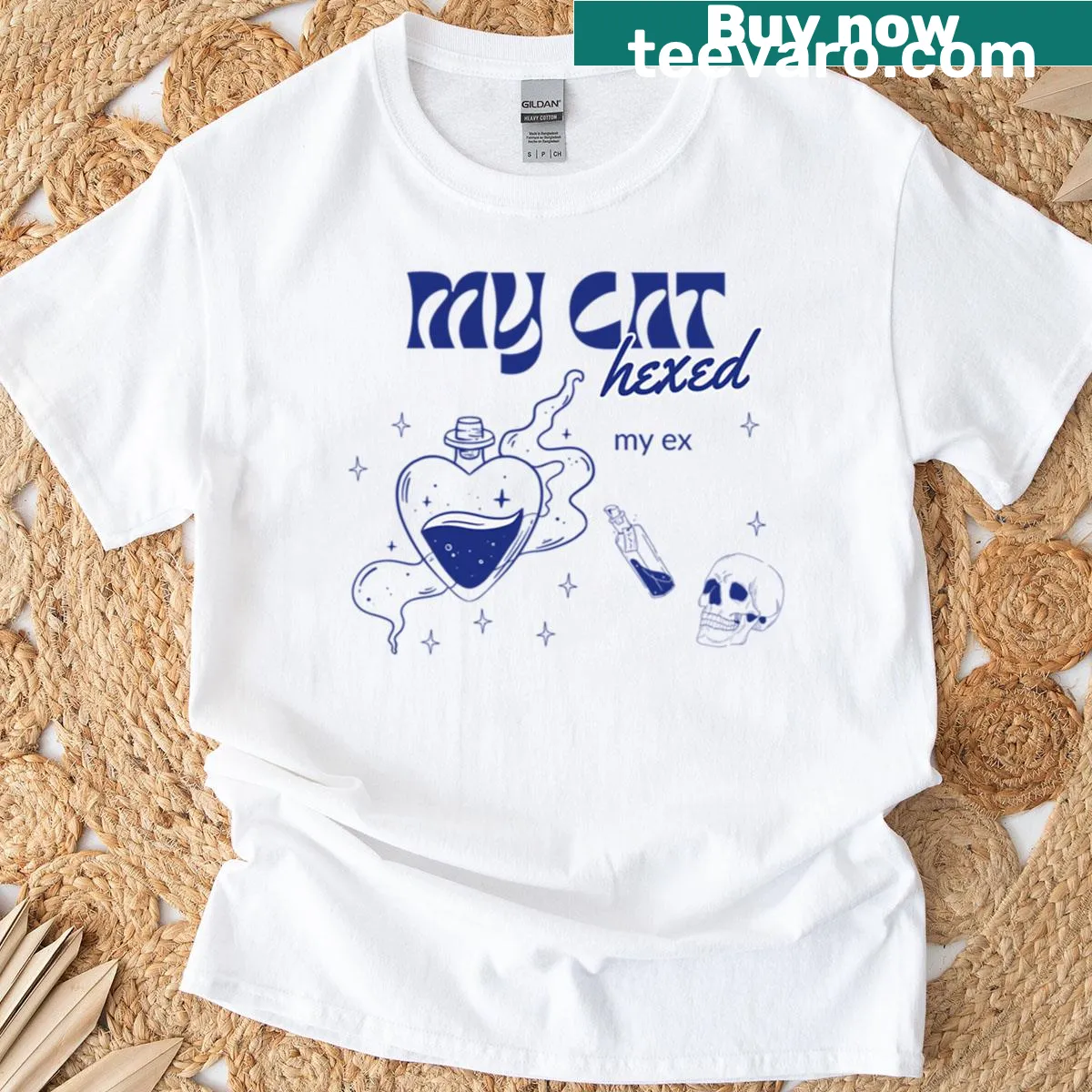 Witchy graphic tee with 'My Cat Hexed My Ex' text — on a men's t-shirt