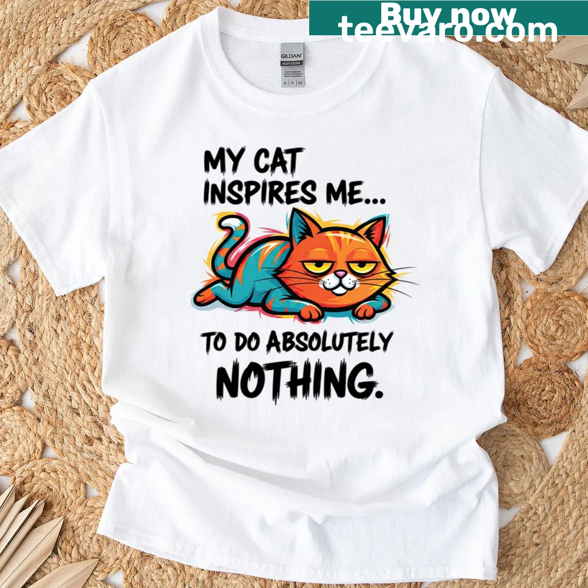 Funny t-shirt with 'My Cat Inspires Me To Do Absolutely Nothing' text — on a men's t-shirt