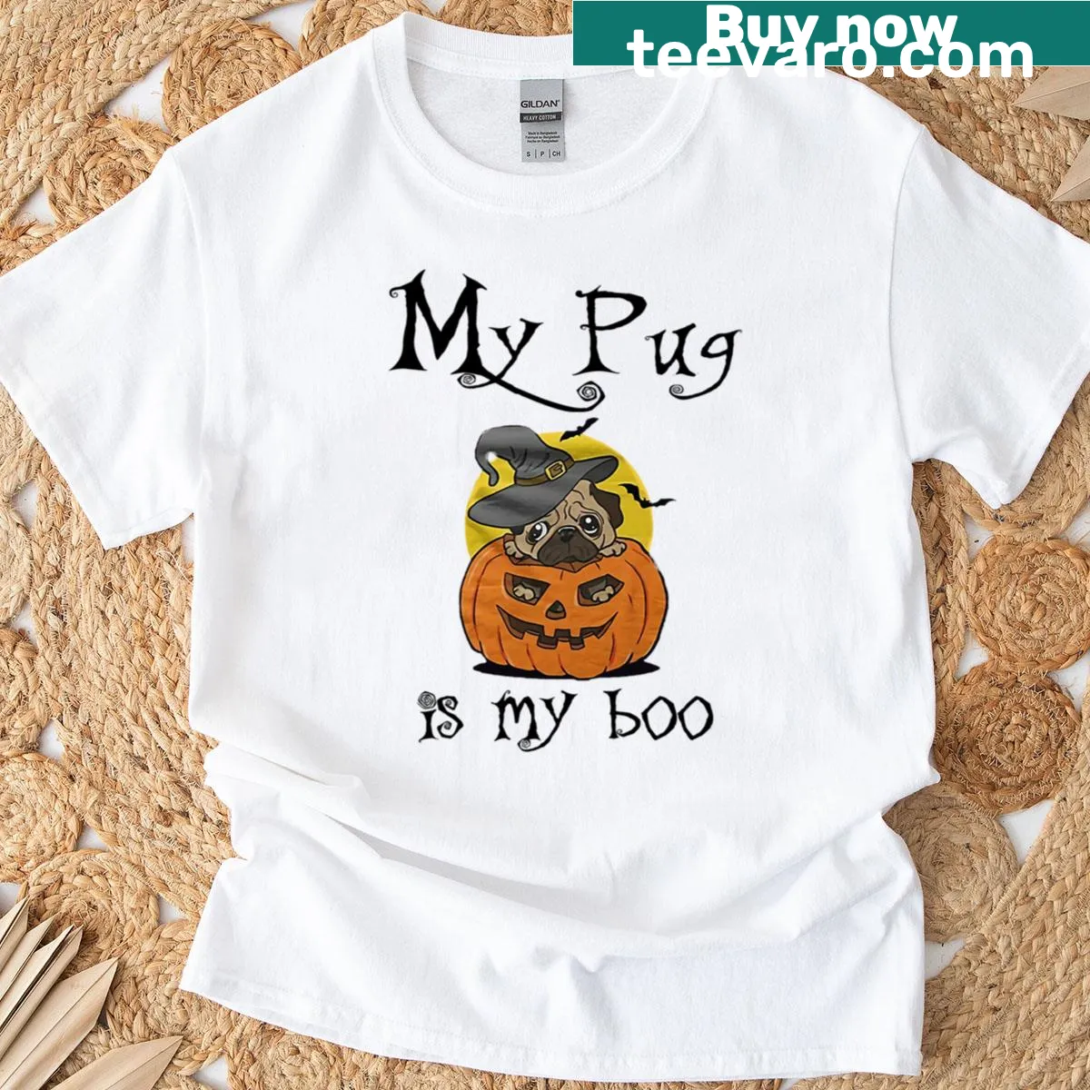 Funny T-shirt featuring the phrase 'My Pug Is My Boo' in playful typography — on a men's t-shirt