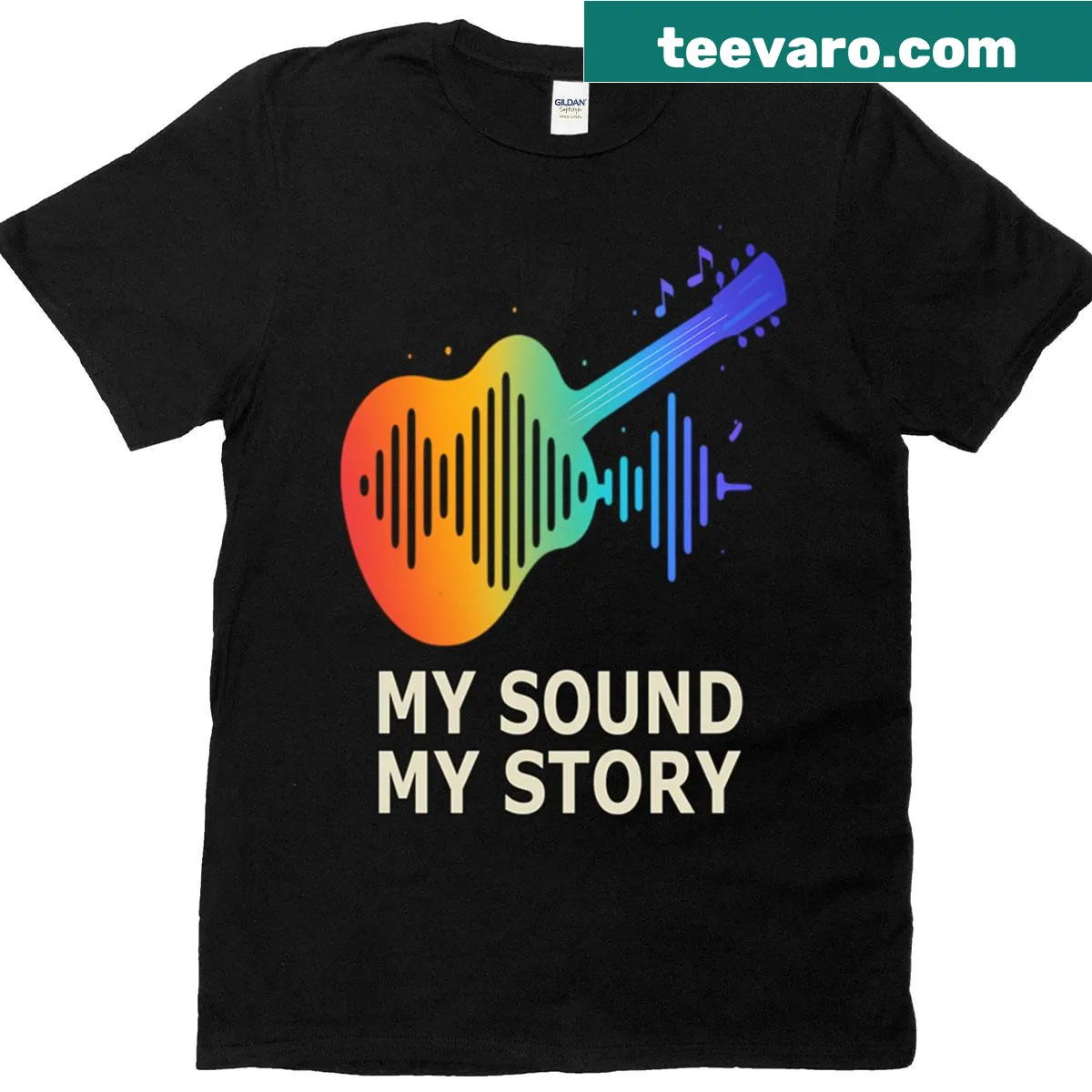 Artistic t-shirt featuring acoustic guitar graphics for musicians — on a men's t-shirt