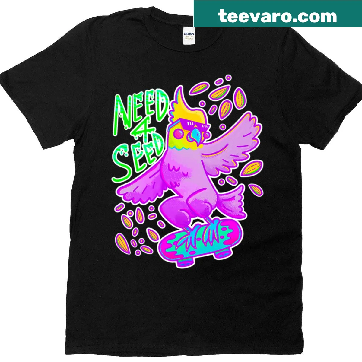 Funny T-shirt with 'Need 4 Seed' and cockatiel graphic — on a men's t-shirt