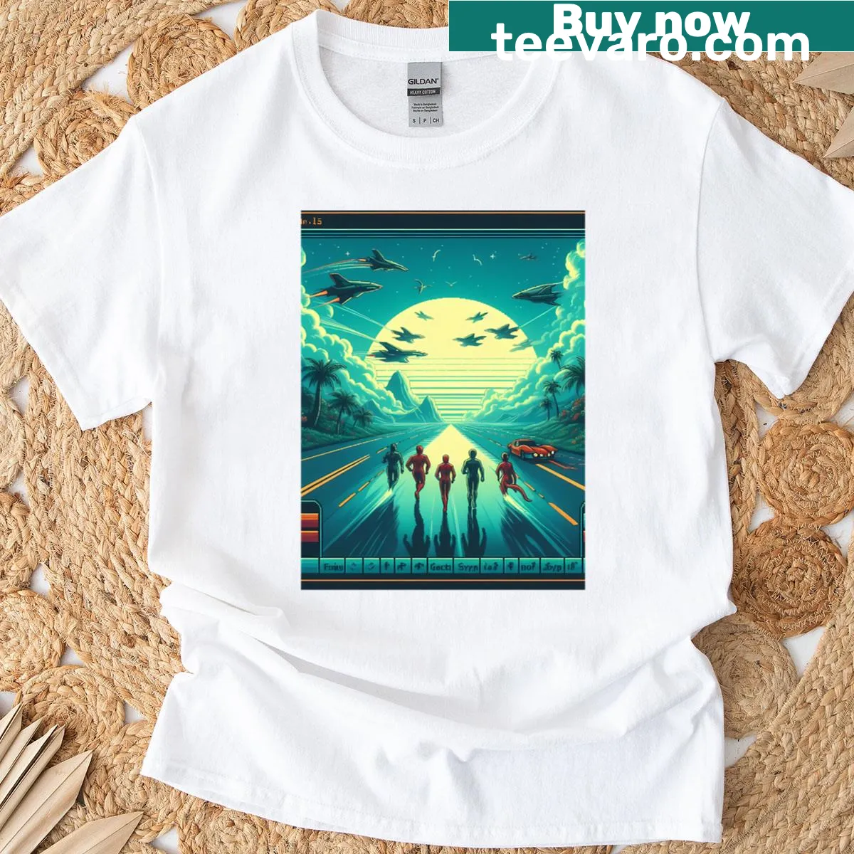 Futuristic T-shirt featuring a cyber run against a sunset backdrop — on a men's t-shirt