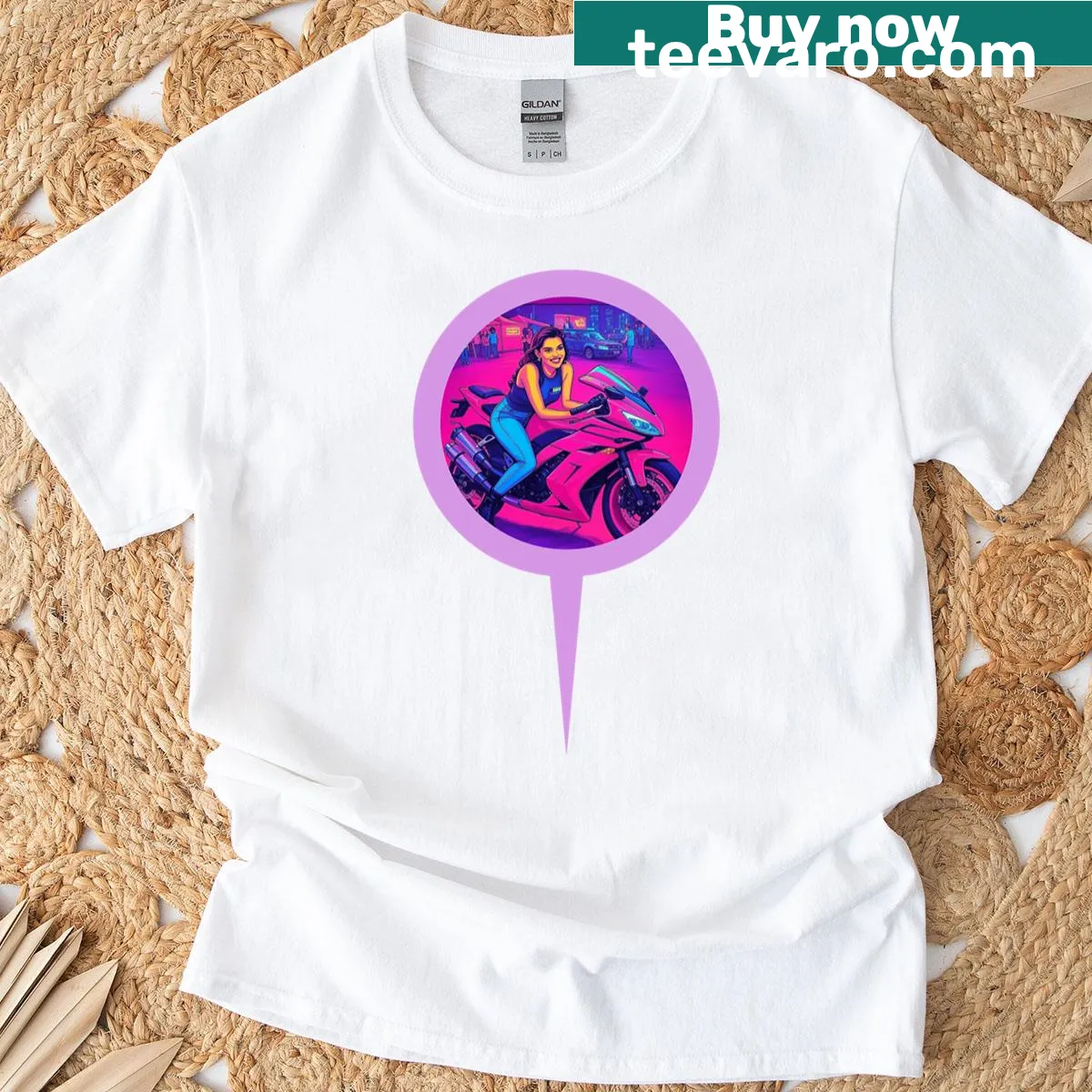Illustrative t-shirt featuring a girl riding through a neon landscape. — on a men's t-shirt