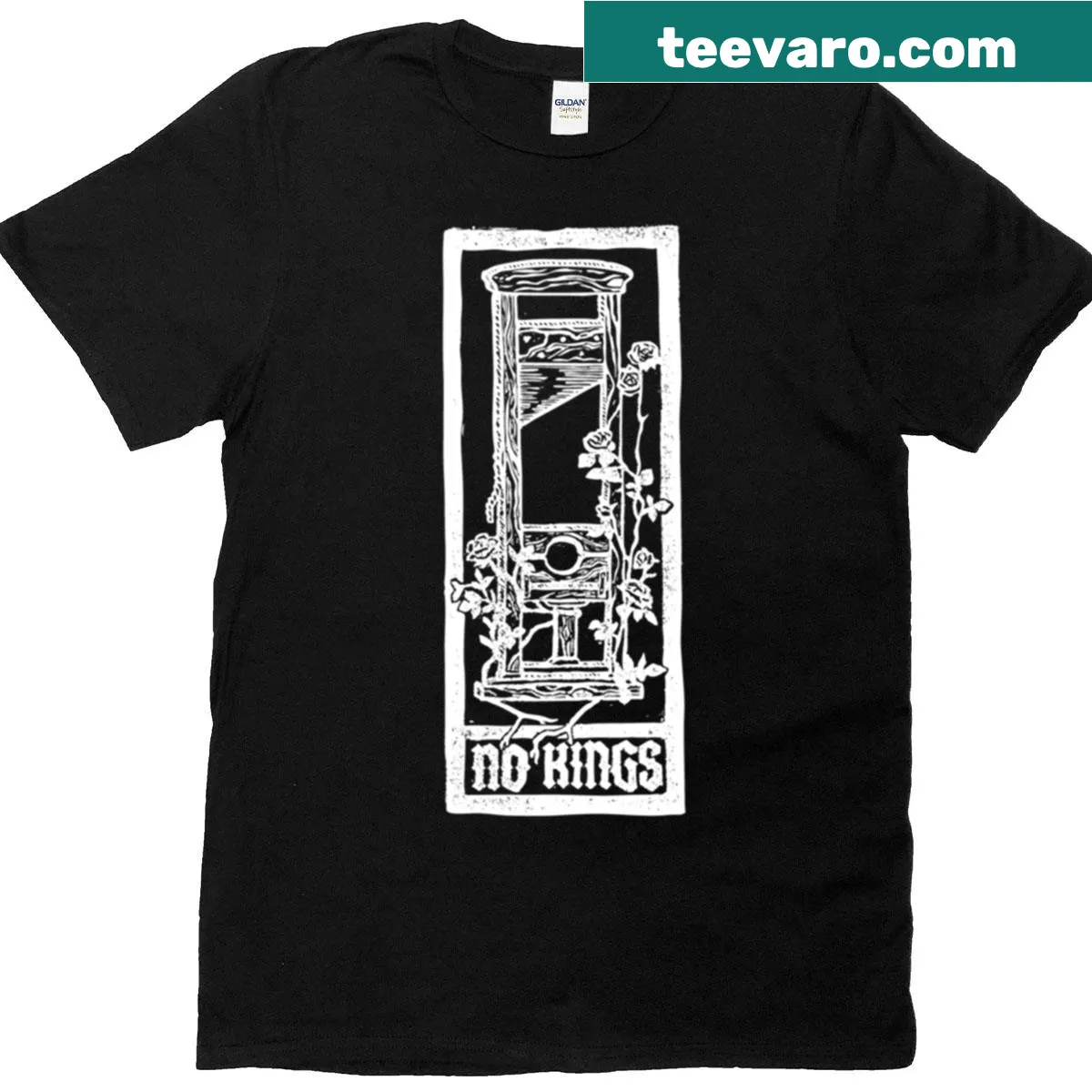 Block print T-shirt with 'No Kings' in white ink — on a men's t-shirt