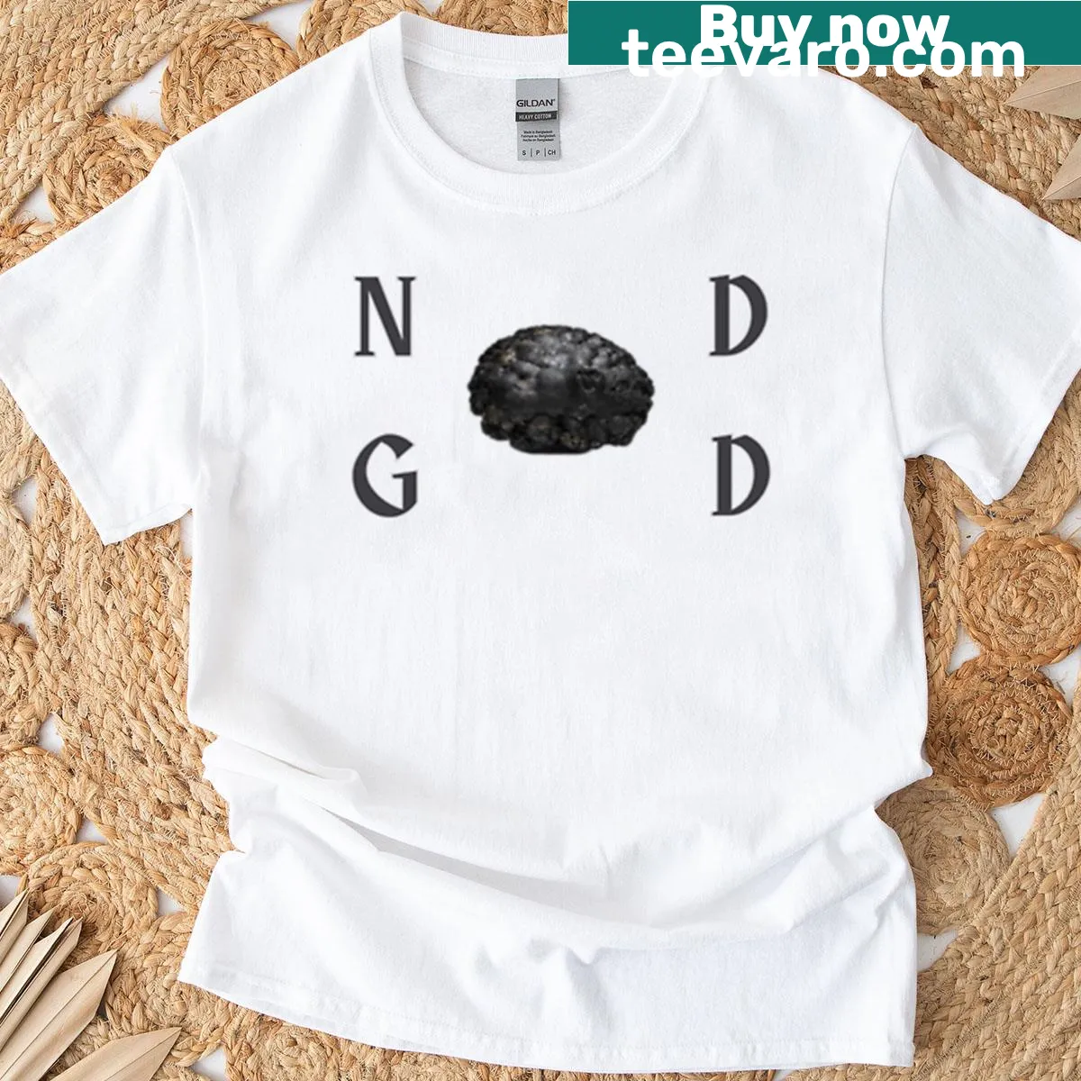 Playful cartoon Nod God deep sea mining graphic on T-shirt — on a men's t-shirt
