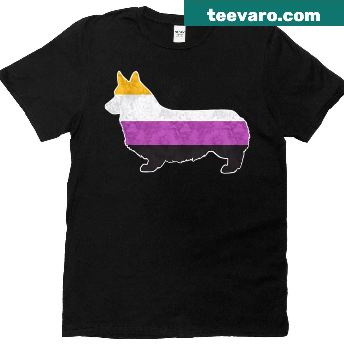 Non-Binary Pride Corgi t-shirt — on a men's t-shirt