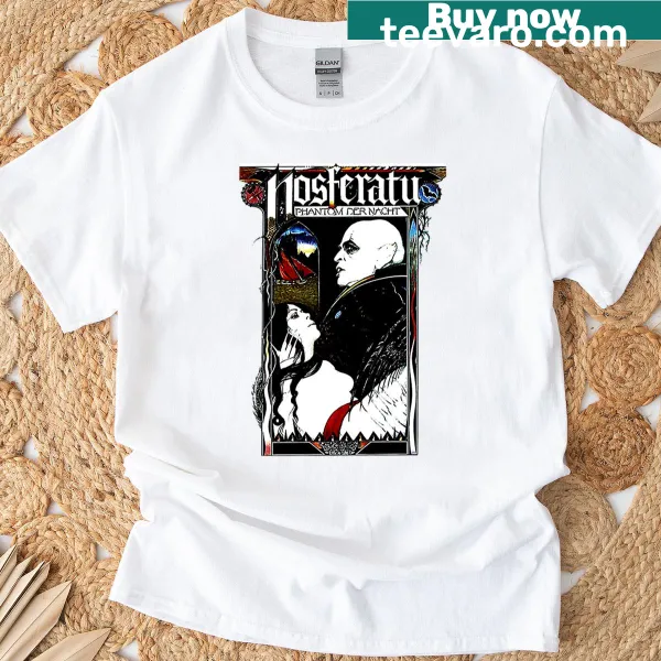 Vintage Nosferatu vampire graphic on a horror-themed T-shirt.