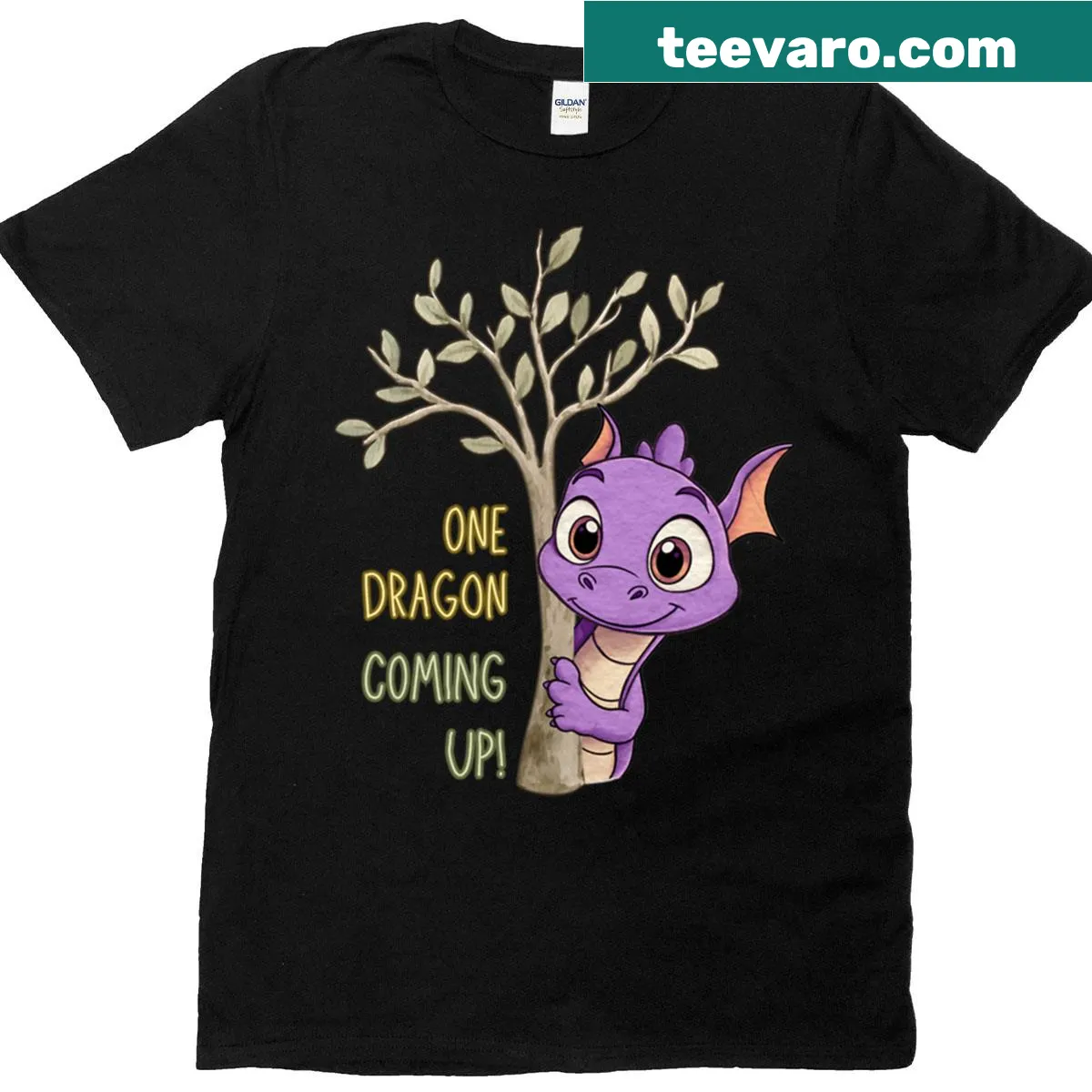 T-shirt featuring cute purple dragon peeking artwork — on a men's t-shirt