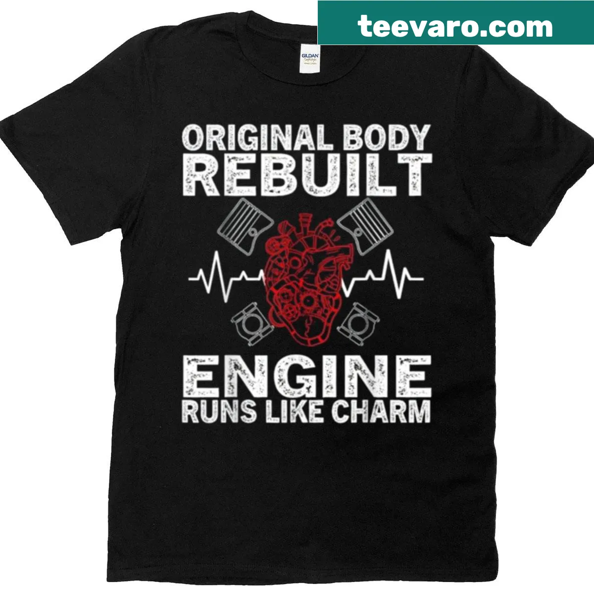 Graphic T-shirt featuring a heart and engine design — on a men's t-shirt