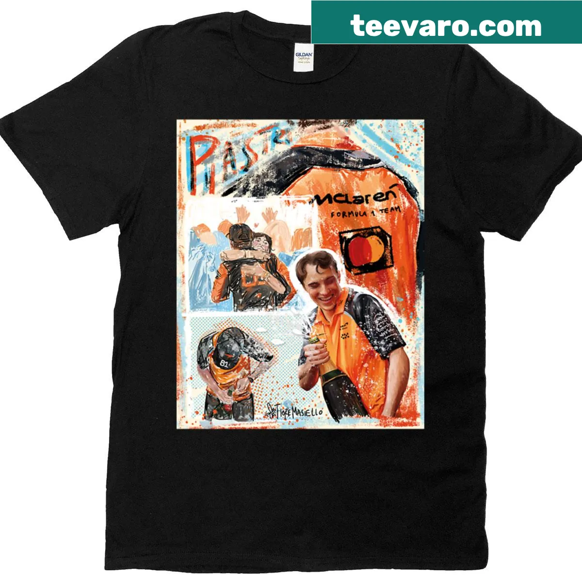 Illustrated T-shirt featuring Oscar Piastri and Barcelona racing theme — on a men's t-shirt