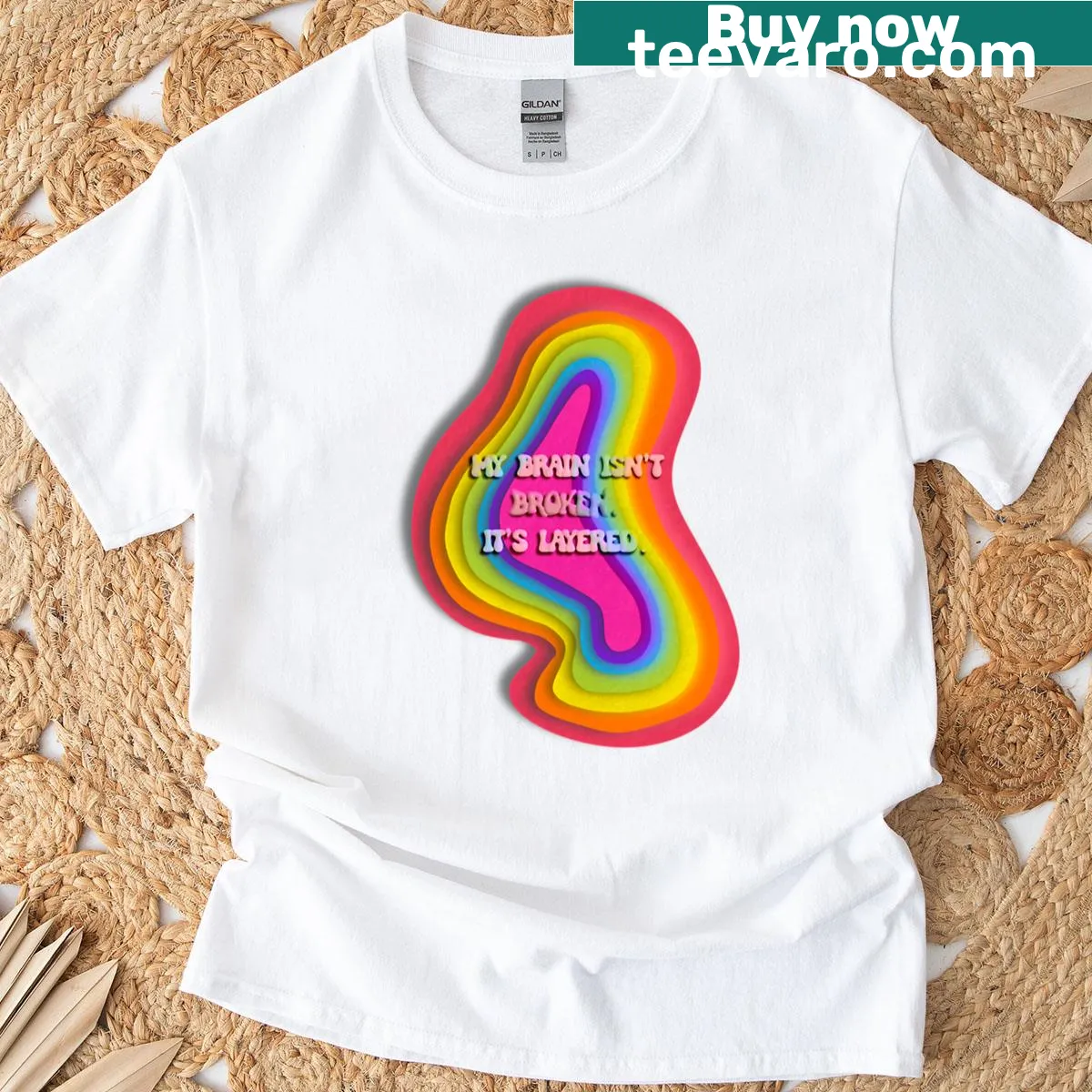 Abstract layered chaos T-shirt representing neurodivergent mind expression — on a men's t-shirt
