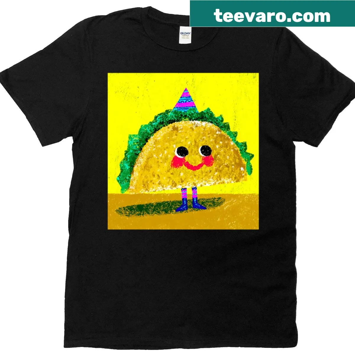 Cartoon taco with party hat and smile on t-shirt — on a men's t-shirt