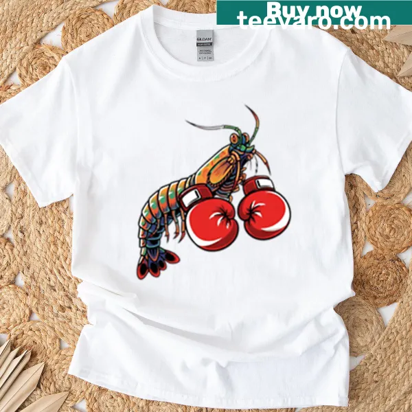 Illustrated T-shirt featuring a peacock mantis shrimp