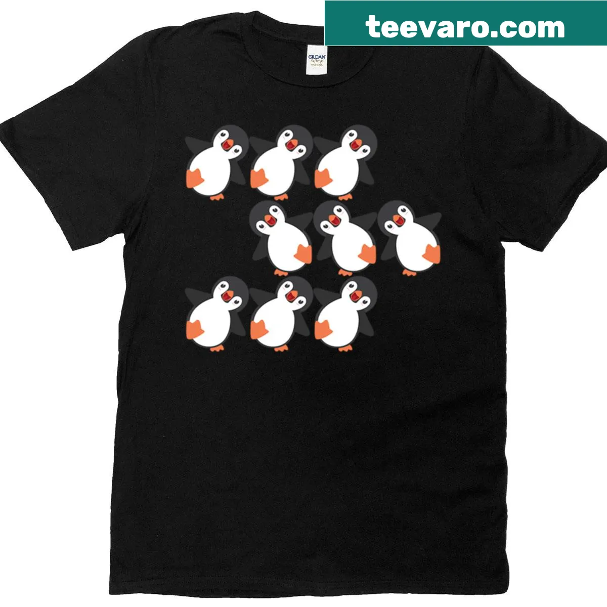 Whimsical penguins dancing in a fun pattern on a t-shirt — on a men's t-shirt