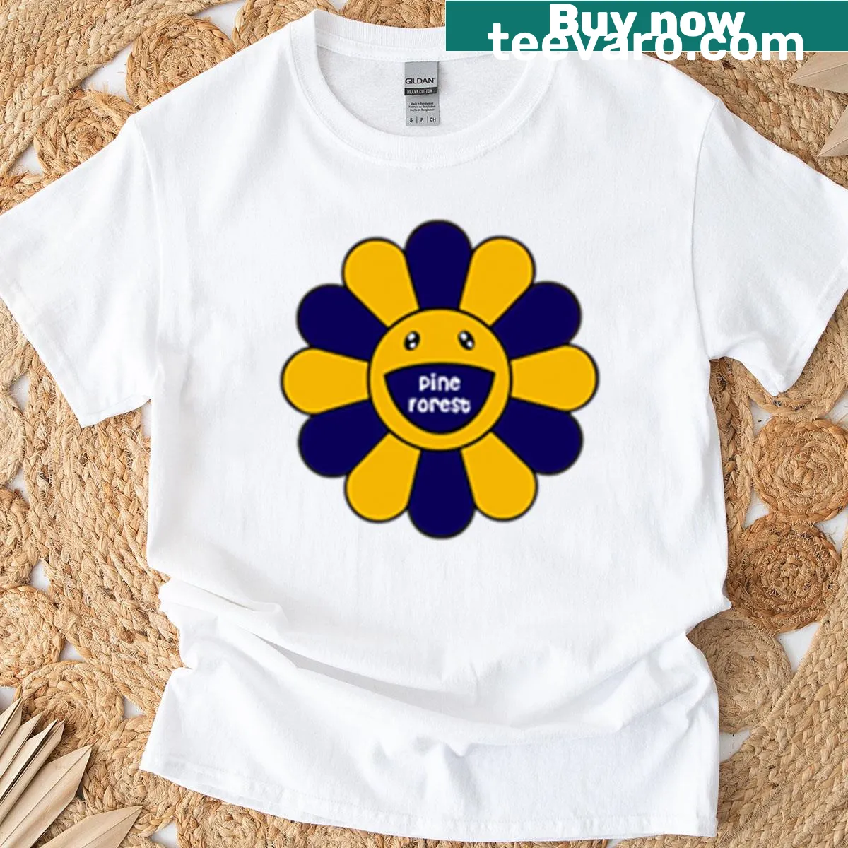 Nature-themed T-shirt with pine forest and floral elements design. — on a men's t-shirt