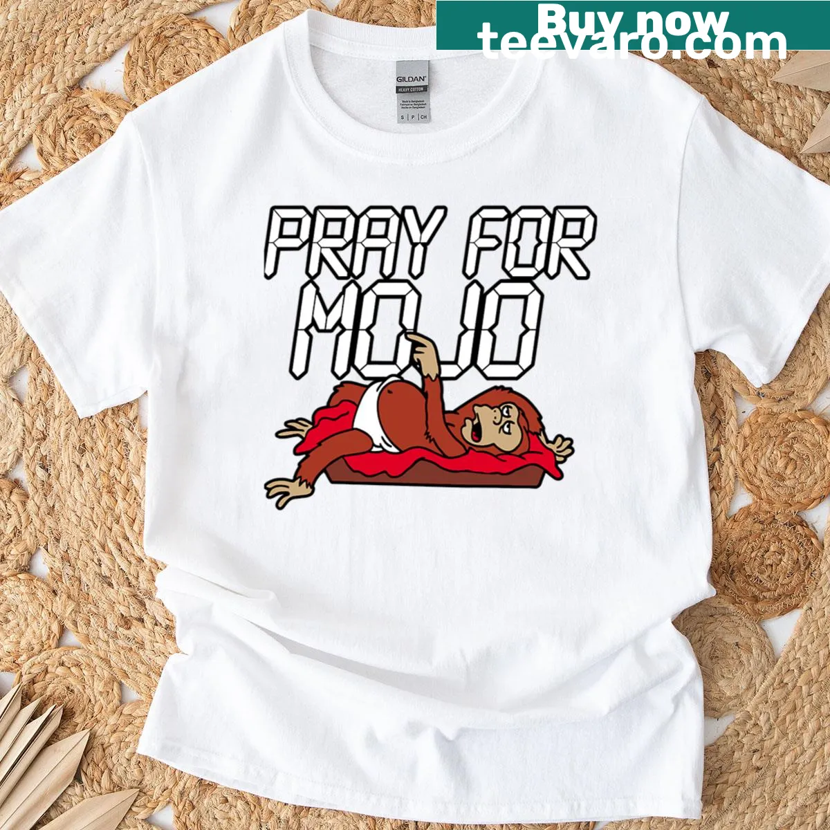 Humorous text graphic T-shirt that says 'Pray For The Helper Monkey'. — on a men's t-shirt