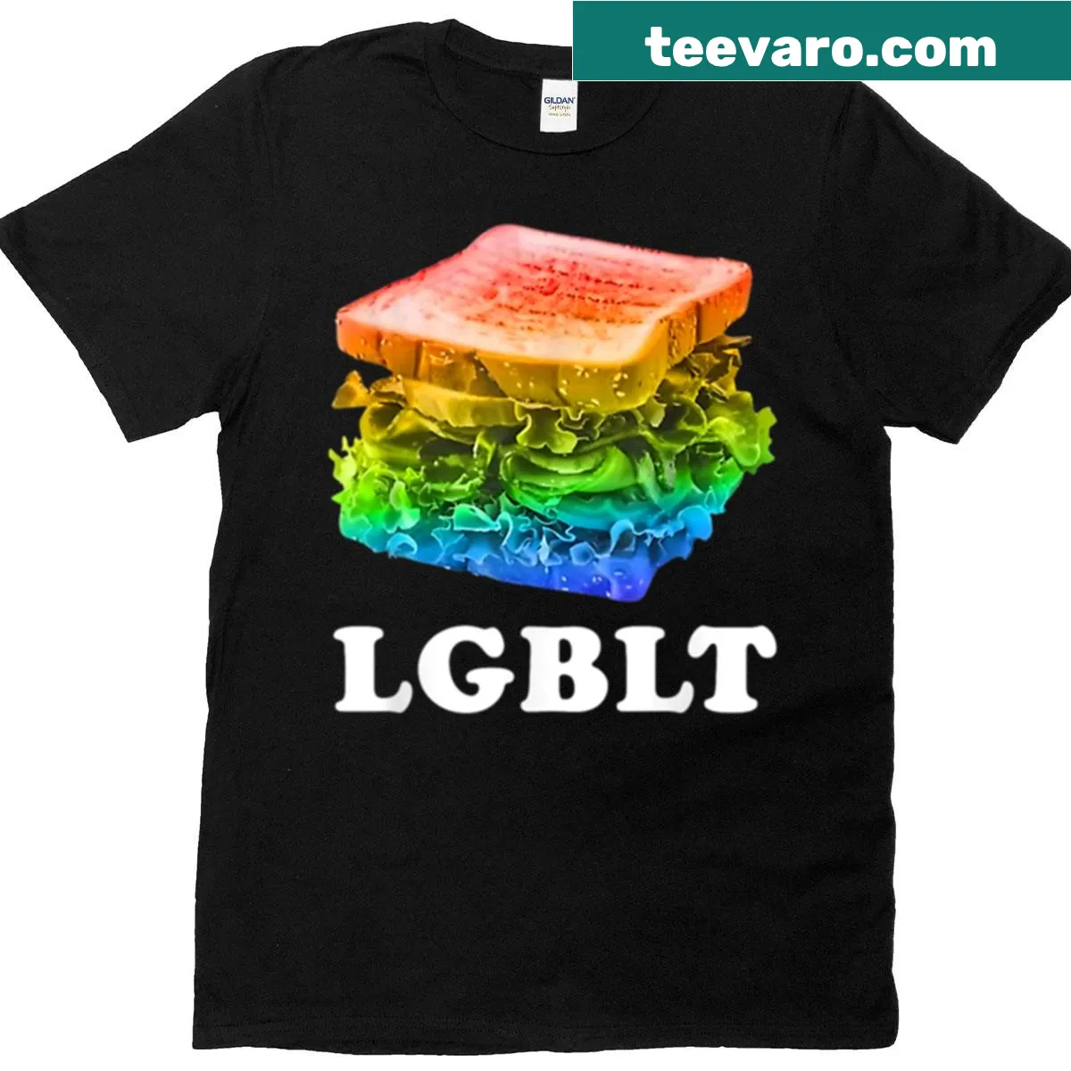 Pride-themed t-shirt featuring bold BLT lettering — on a men's t-shirt
