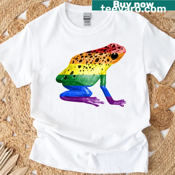 Fun T-shirt featuring a frog design celebrating pride