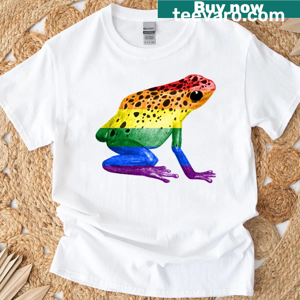 Fun T-shirt featuring a frog design celebrating pride — on a men's t-shirt