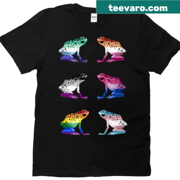 Collection of playful frogs on a pride-themed t-shirt