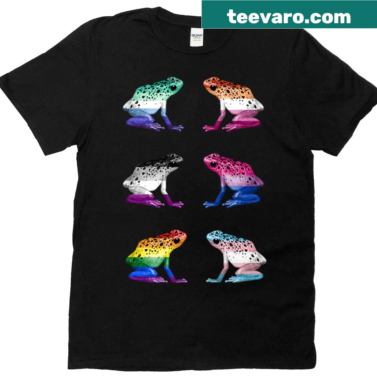 Collection of playful frogs on a pride-themed t-shirt — on a men's t-shirt