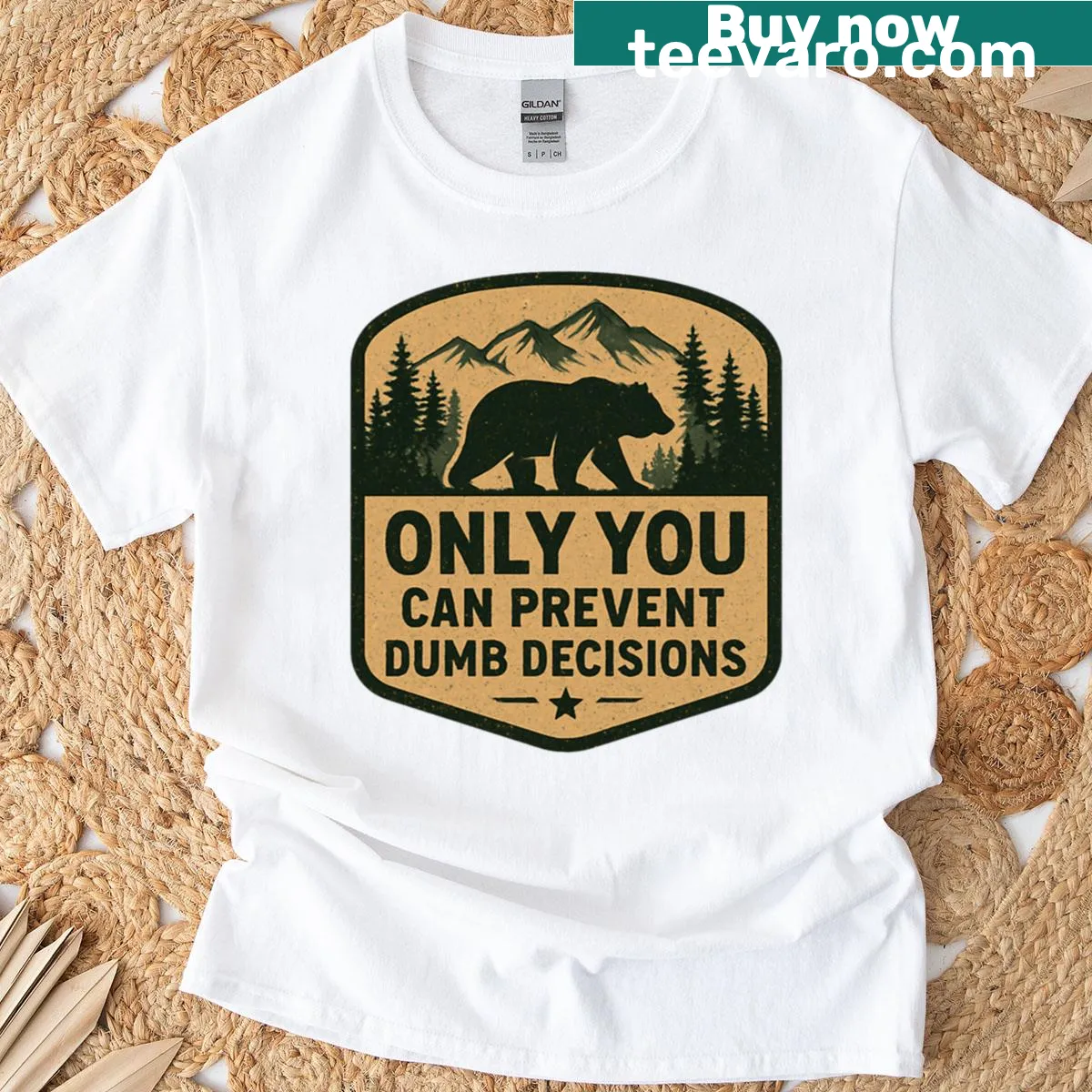 Bear graphic on nature badge T-shirt — on a men's t-shirt