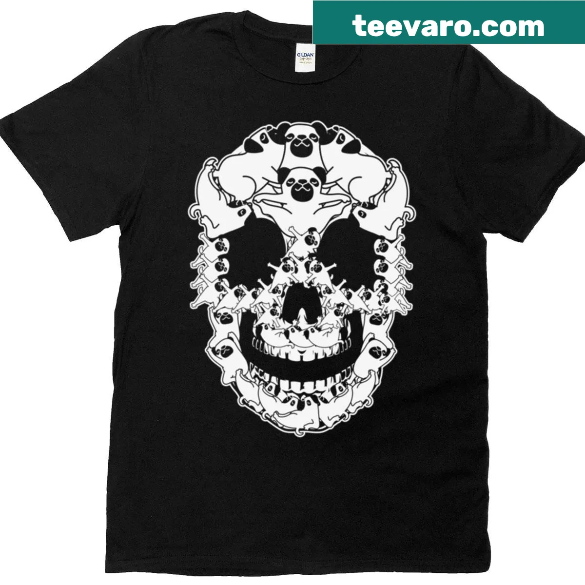 Pug dog skull skeleton t-shirt for Halloween festivities — on a men's t-shirt
