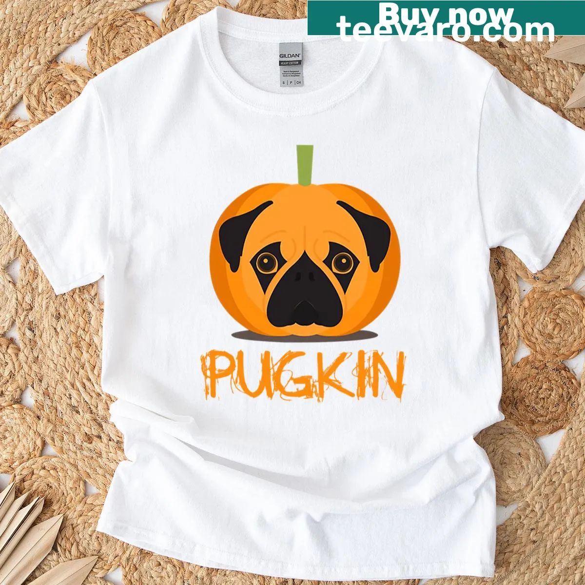 Funny pug in a pumpkin graphic on a vintage-style t-shirt — on a men's t-shirt