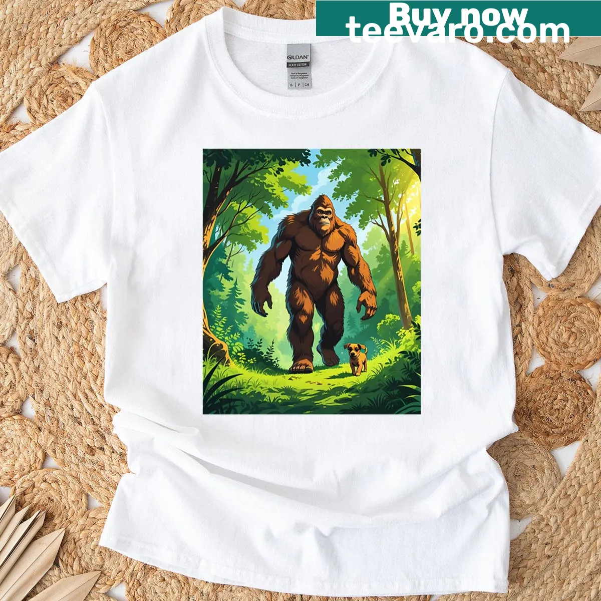 T-shirt featuring playful illustration of a puppy and Bigfoot — on a men's t-shirt
