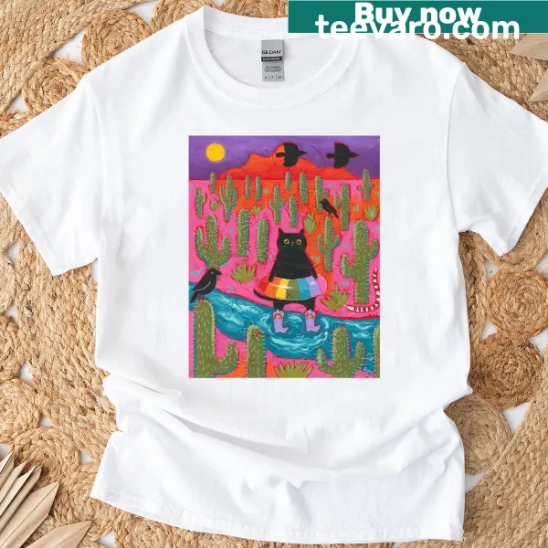 Whimsical cat illustration in a vibrant desert setting