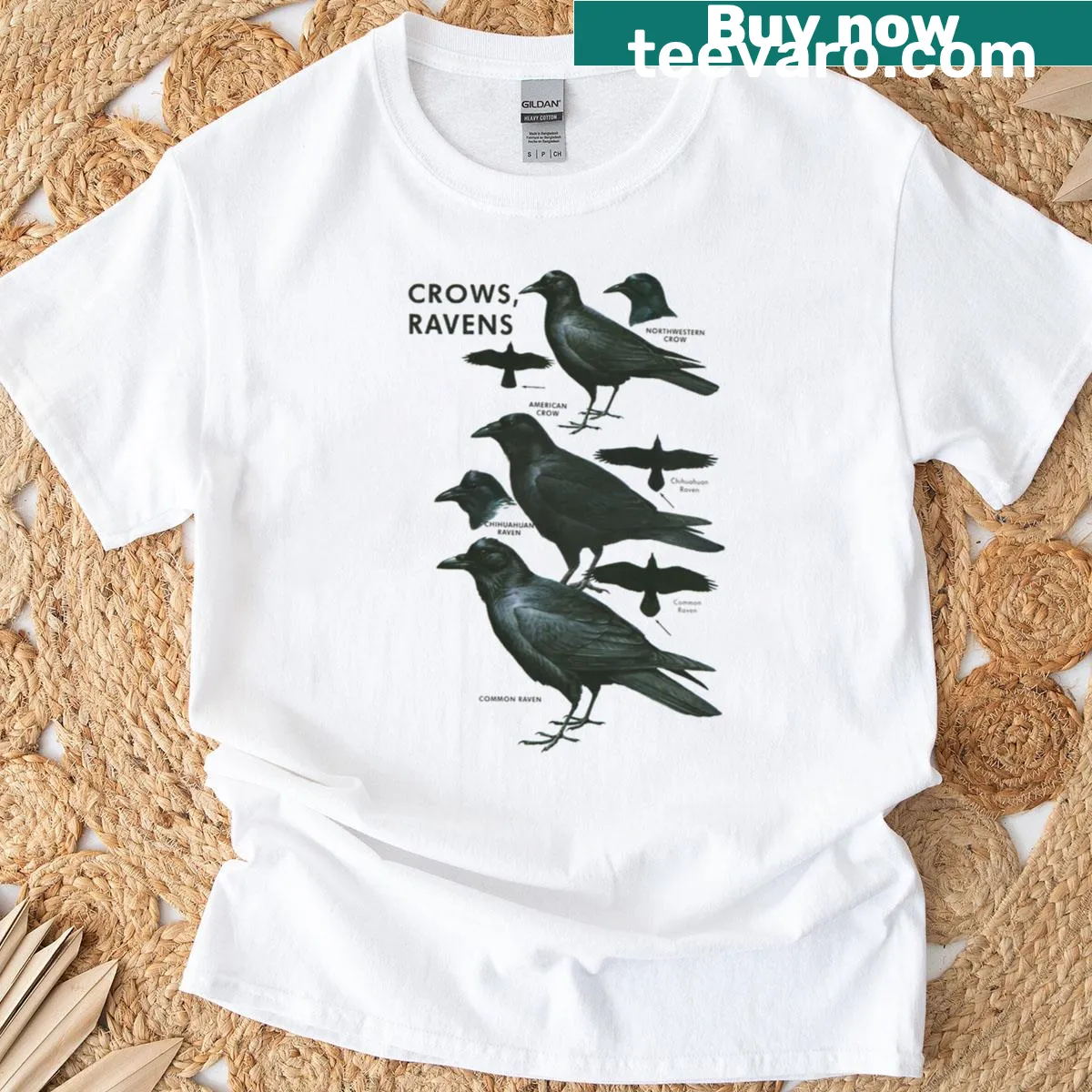 Vintage ornithology print of ravens and crows on a t-shirt — on a men's t-shirt