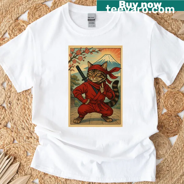 Ninja cat illustration against Mt. Fuji and sakura blossoms