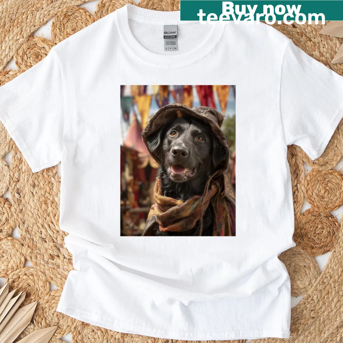 Illustration of Sheprador dogs in a fun Renaissance Faire design — on a men's t-shirt