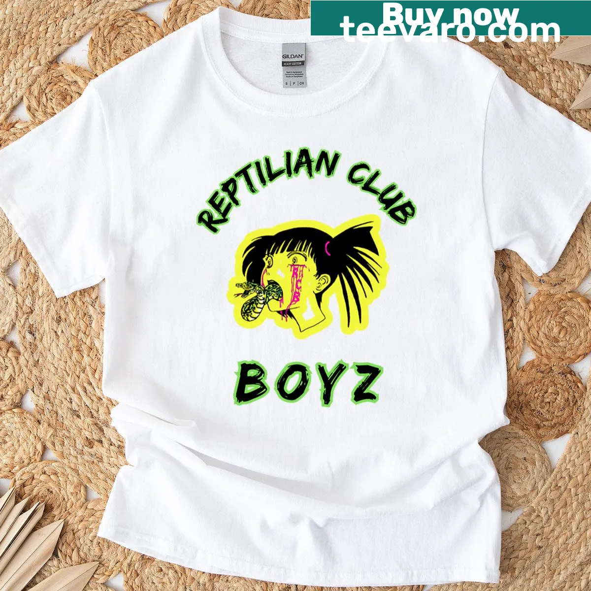 Cartoon reptilian characters on a playful T-shirt design — on a men's t-shirt
