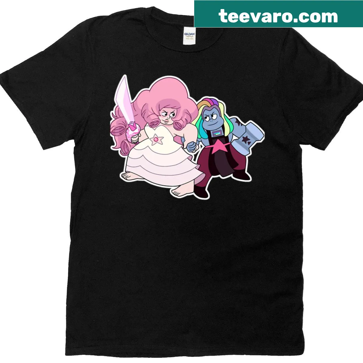 Illustrative T-shirt showcasing rose quartz and bismuth — on a men's t-shirt