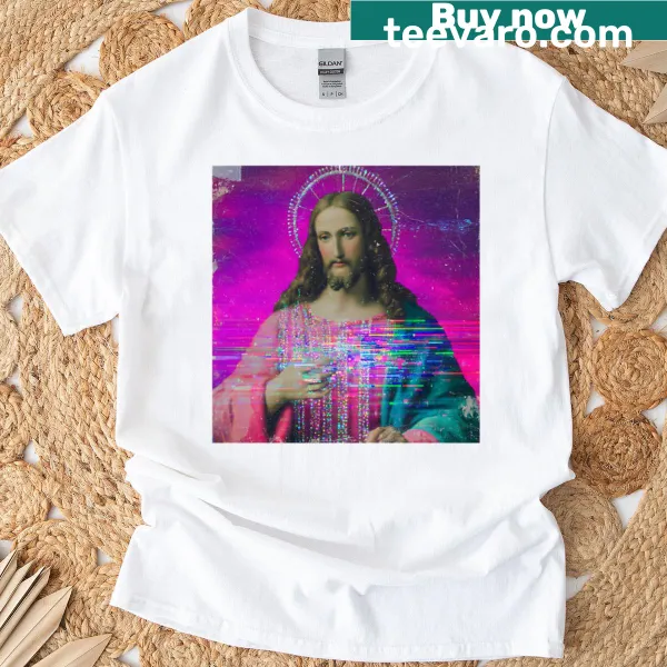 Graphic T-shirt featuring a sacred figure with a glitch aura design