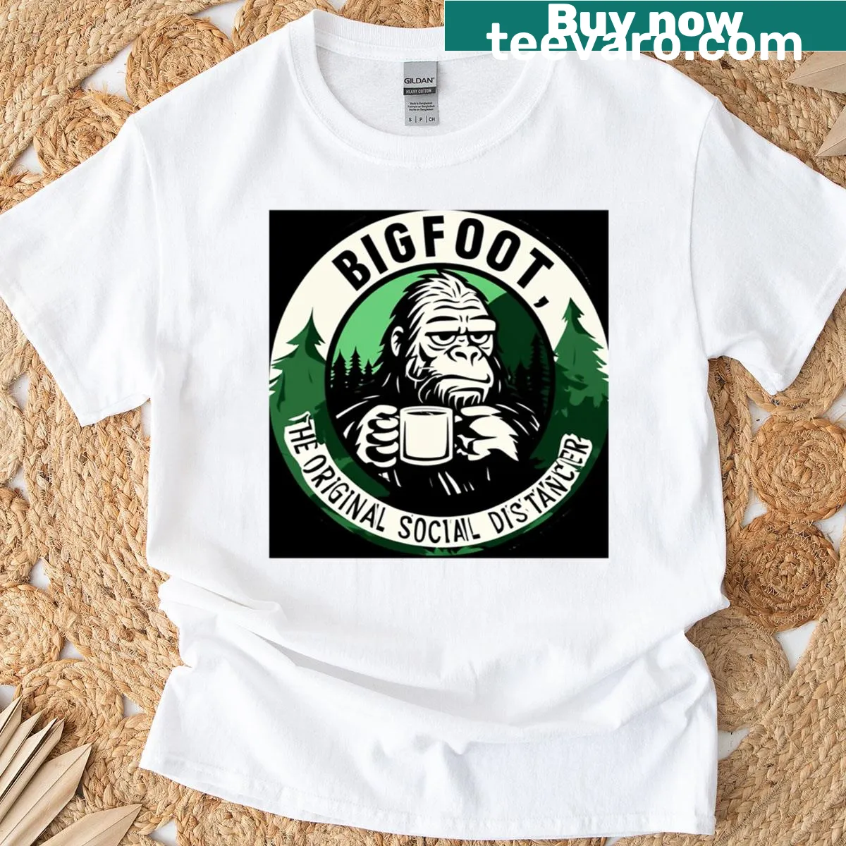 Playful illustration of Sasquatch waving on a whimsical T-shirt — on a men's t-shirt