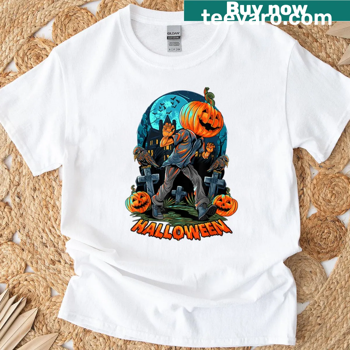 Oversized T-shirt featuring a comically scary pumpkin head design for Halloween — on a men's t-shirt